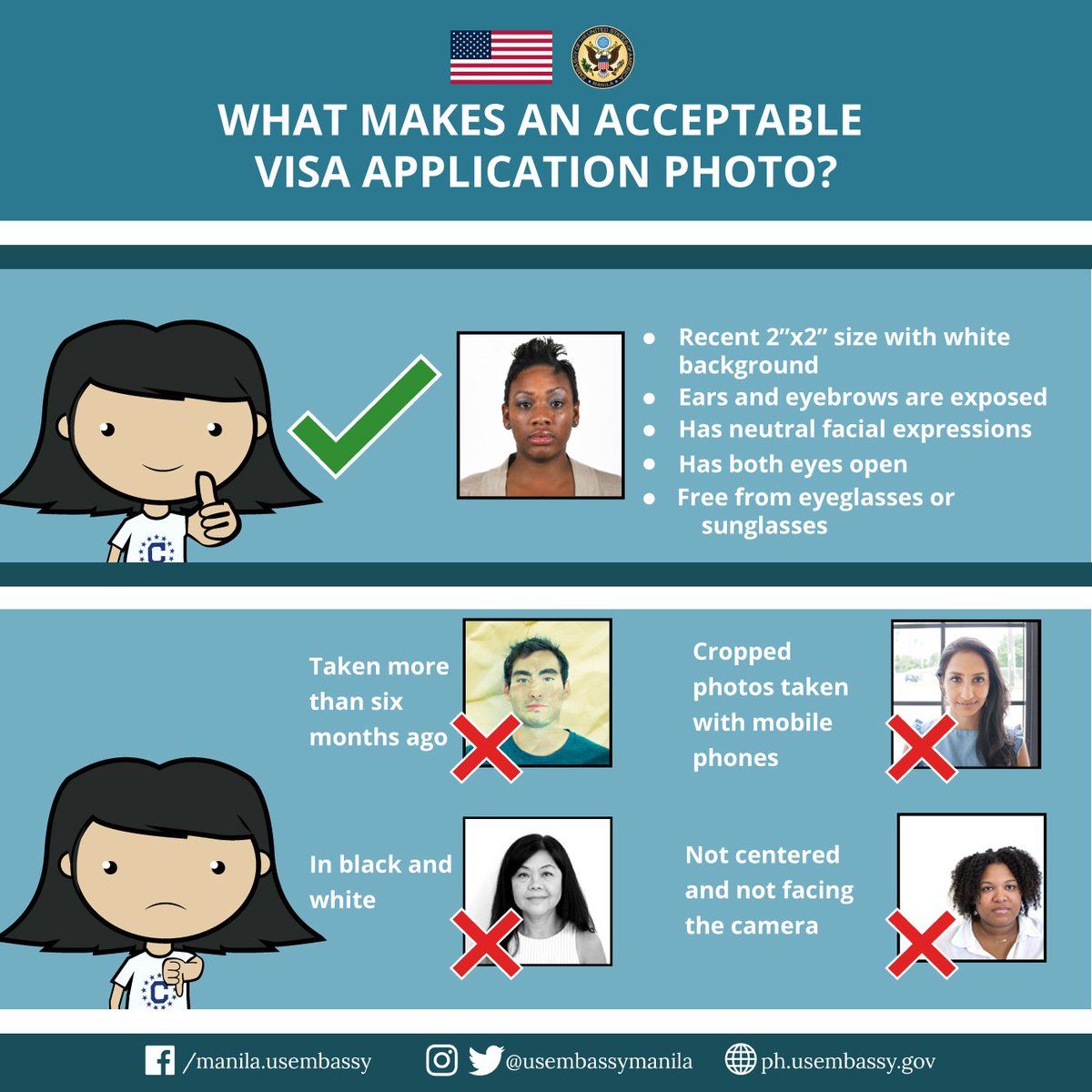 Official U.S. Embassy Philippines visa-photo requirements graphic with acceptable and unacceptable examples